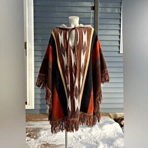 Vintage 70s Cuddle Knit Brown Aztec Boho Hippie Hooded Fringe Poncho~OS~